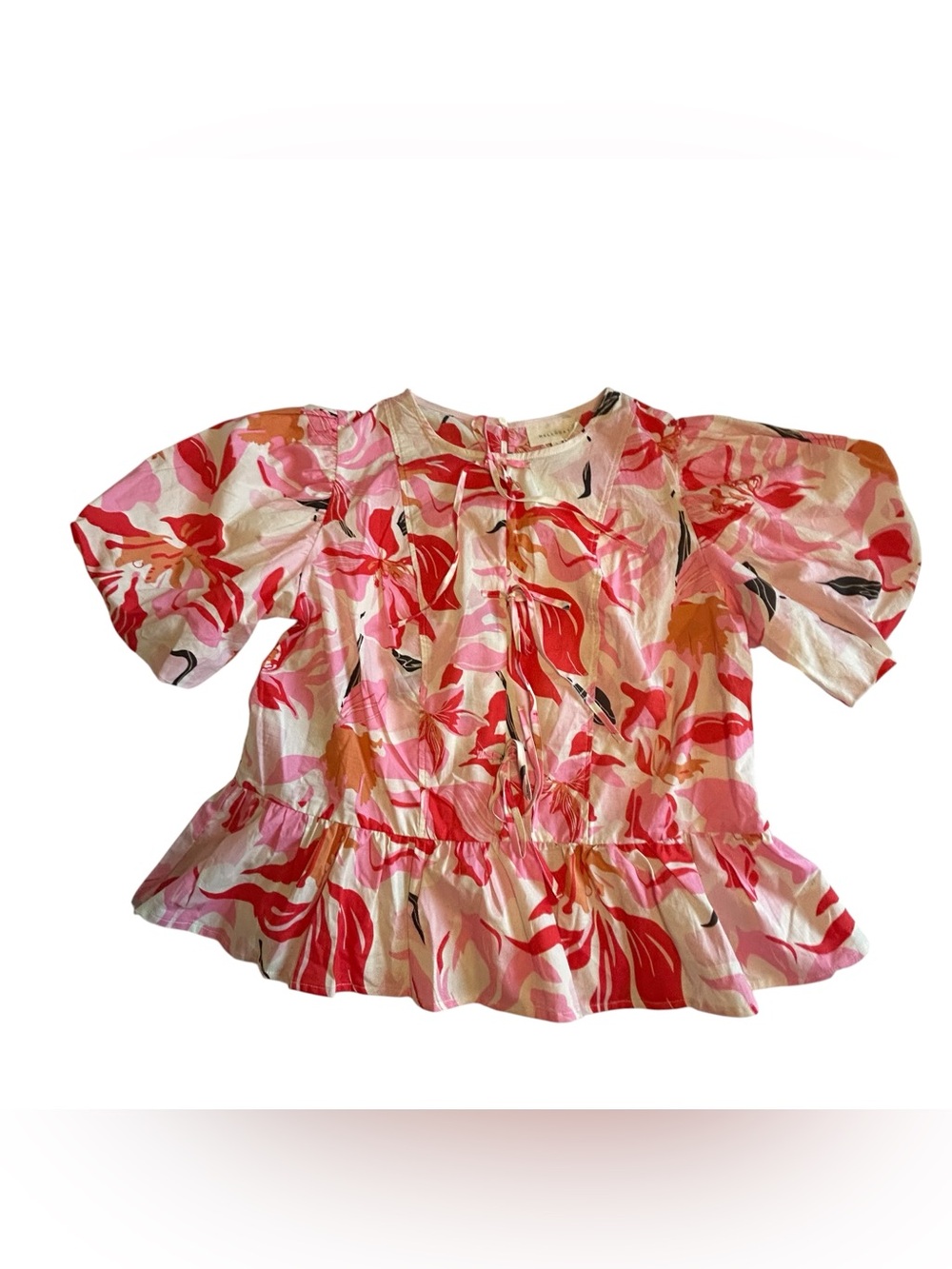 MELLODAY Pink, Coral & White Floral Ruffle Peplum Blouse
